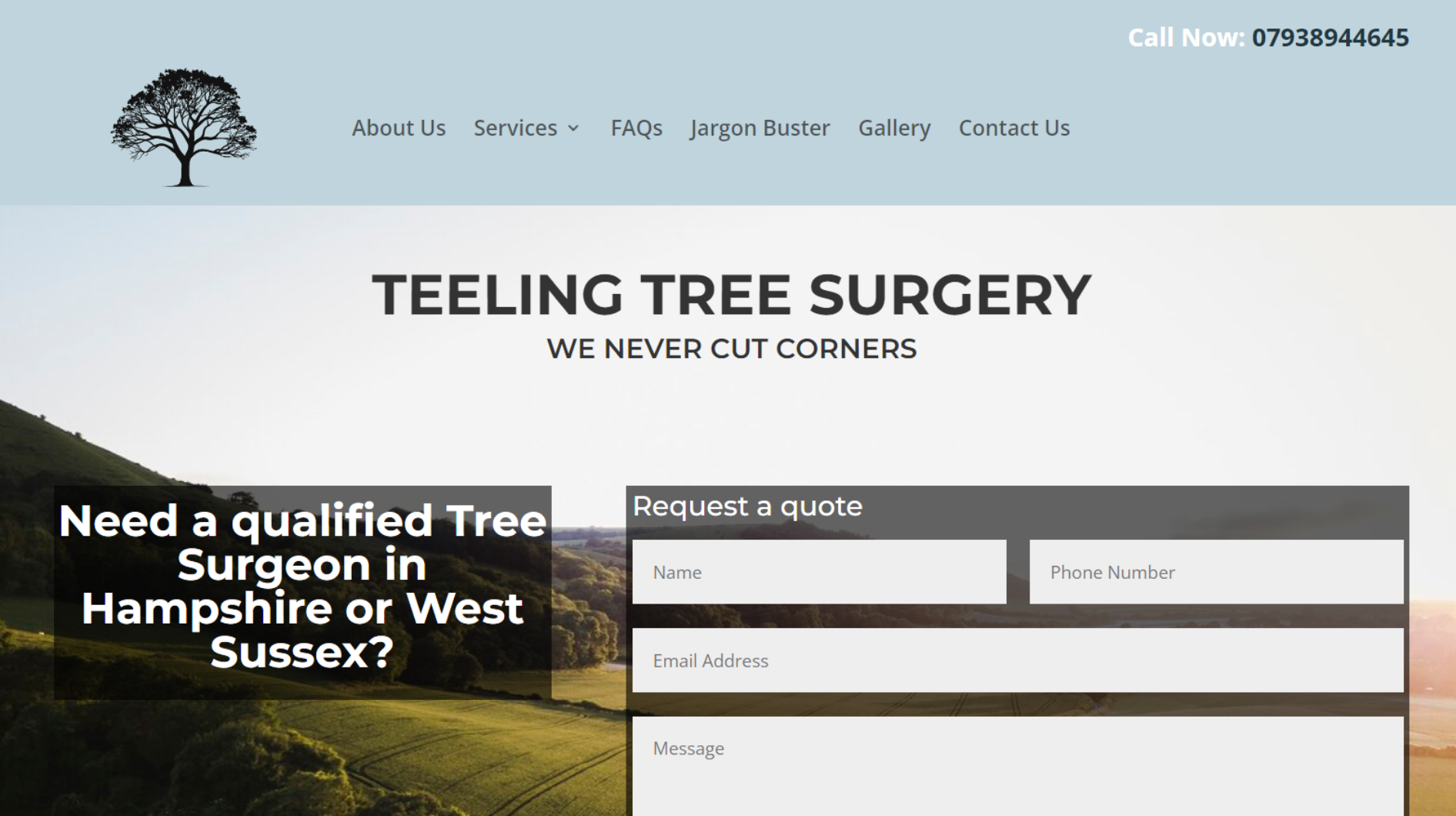 Home page design of the new Teeling Tree Surgery website. The site has a bold contact number in the top menu and a request a quote form in the header.